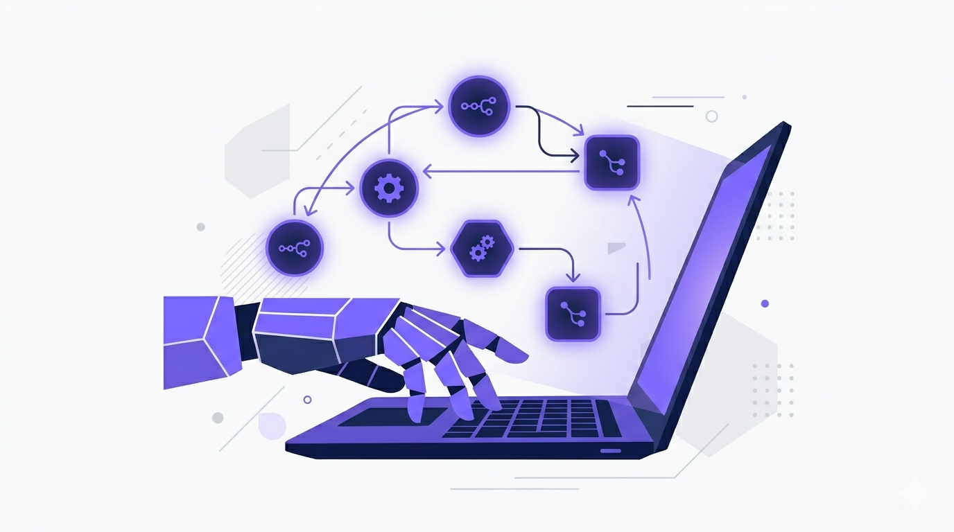 a robotic hand typing on a laptop